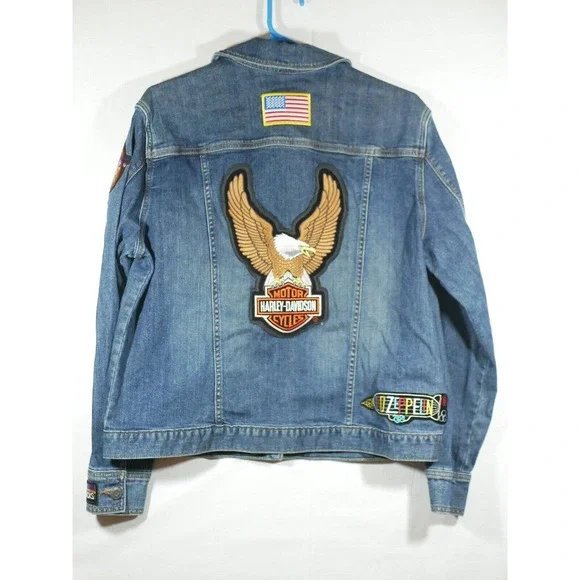 Eddie Bauer Denim Jean Jacket Patches Women XL Biker Bike Week Bands Beer - Picture 2 of 16